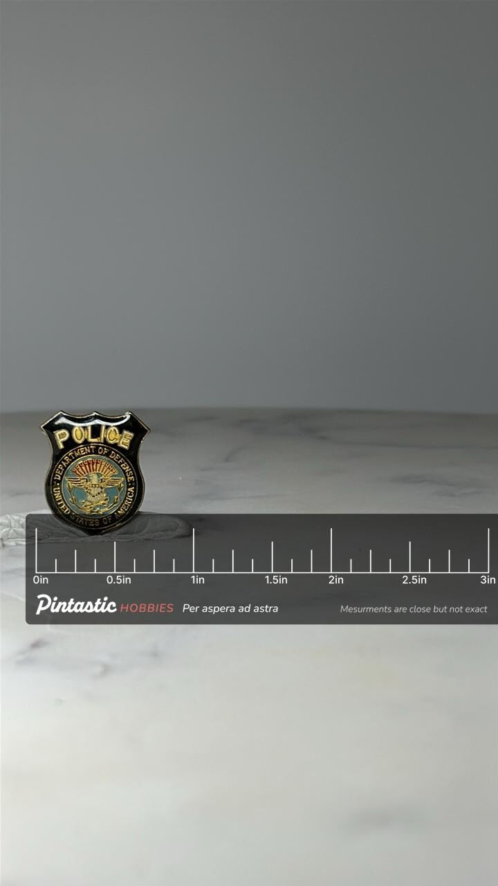 Vintage Department of Defense Police Badge Pin: Black Gold - USA Military Accessory with ruler overlay for size reference