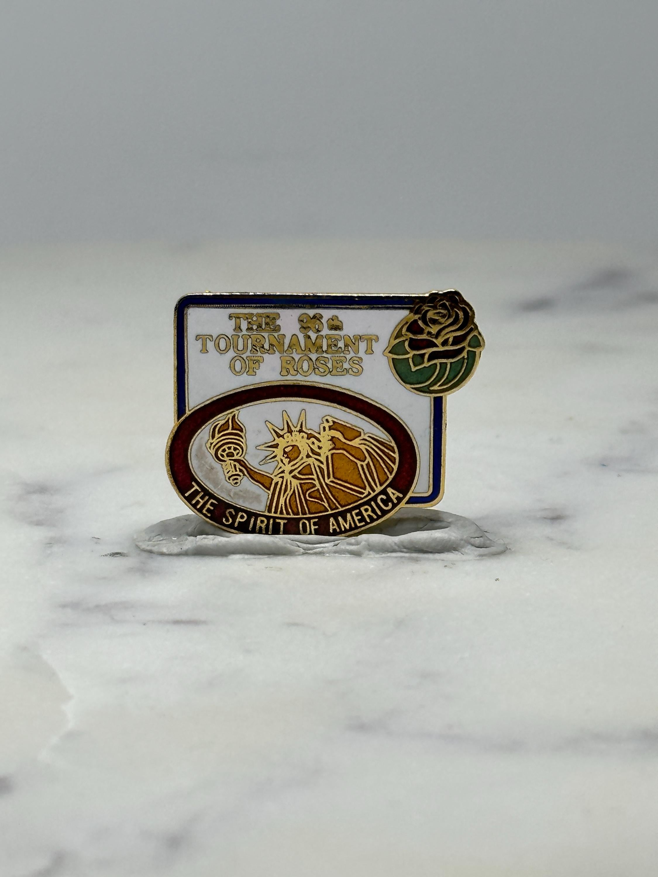 Vintage Tournament of Roses Enamel Pin: Gold Tone - Patriotic Accessory