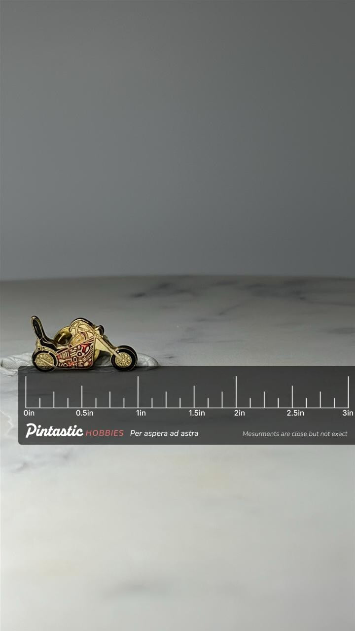 Vintage Chopper Motorcycle Enamel Pin: Gold Tone - Biker Accessory with ruler overlay for size reference