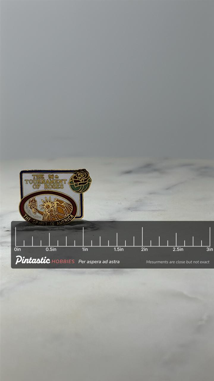 Vintage Tournament of Roses Enamel Pin: Gold Tone - Patriotic Accessory with ruler overlay for size reference