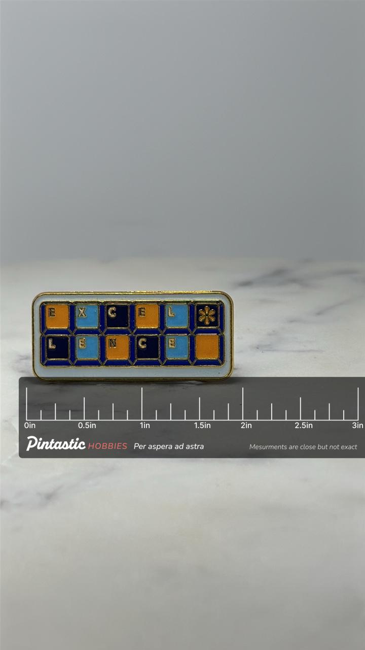 Walmart Excellence Pin Employee Recognition Award Enamel Pin Blue Gold Vintage with ruler overlay for size reference