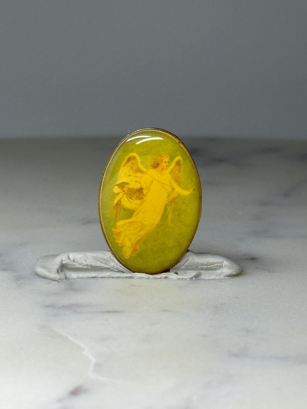 Vintage Angel Cameo Pin: Yellow on Green - Religious Accessory