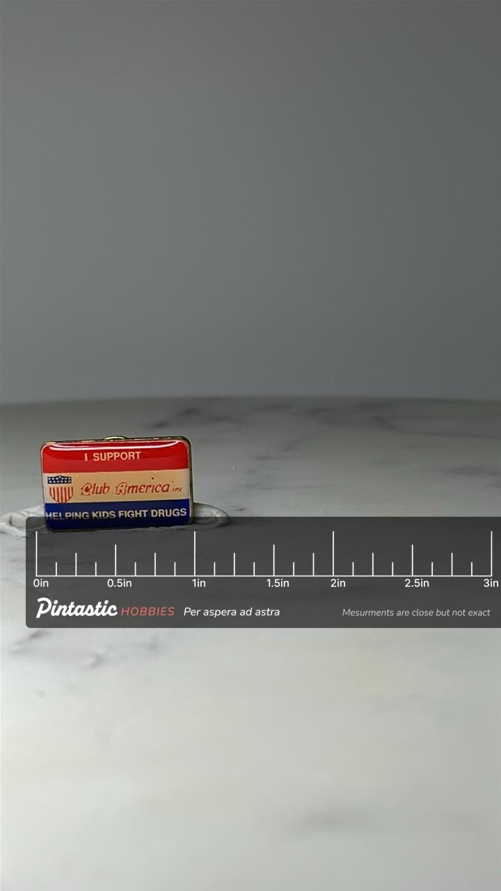 Vintage Club America Support Pin: Red White Blue - Anti Drug Era Accessory with ruler overlay for size reference