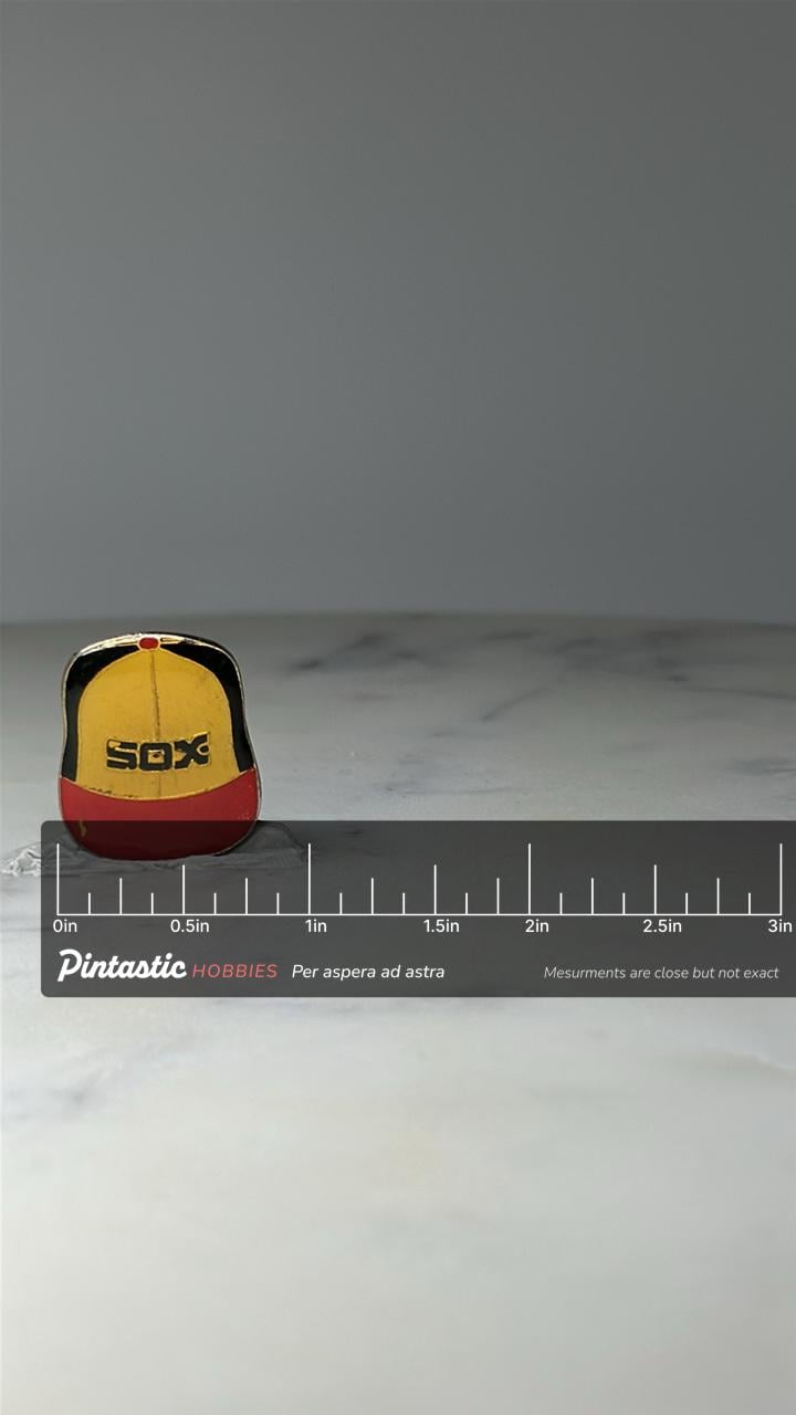Vintage Chicago White Sox Hat Pin: Enamel Red Yellow - Baseball Fan Accessory with ruler overlay for size reference