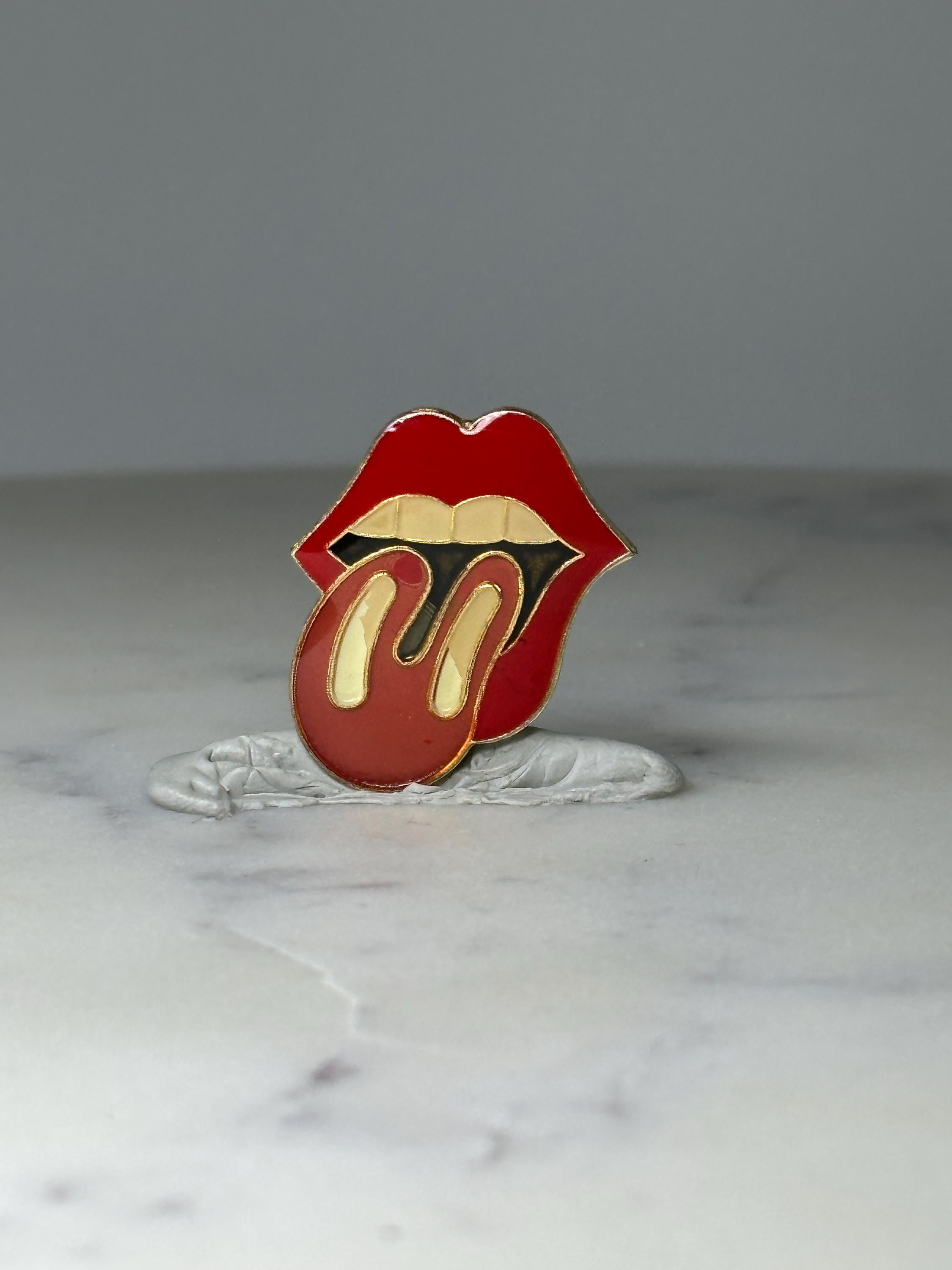 Vintage Rolling Stones Tongue Enamel Pin: Red & Gold - Rock Band Accessory