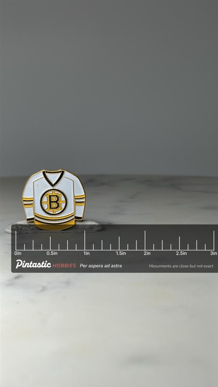 Vintage Boston Bruins Jersey Pin: White Enamel - NHL Hockey Accessory with ruler overlay for size reference