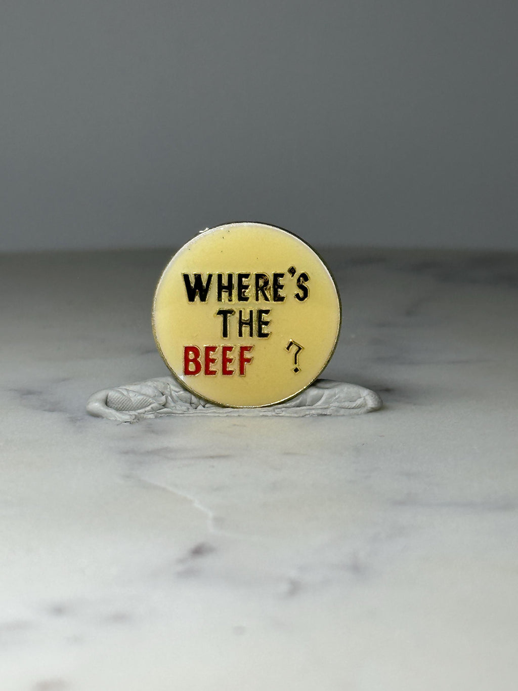 Vintage Where's the Beef Lapel Pin: Cream Enamel - 1980s Slogan Accessory