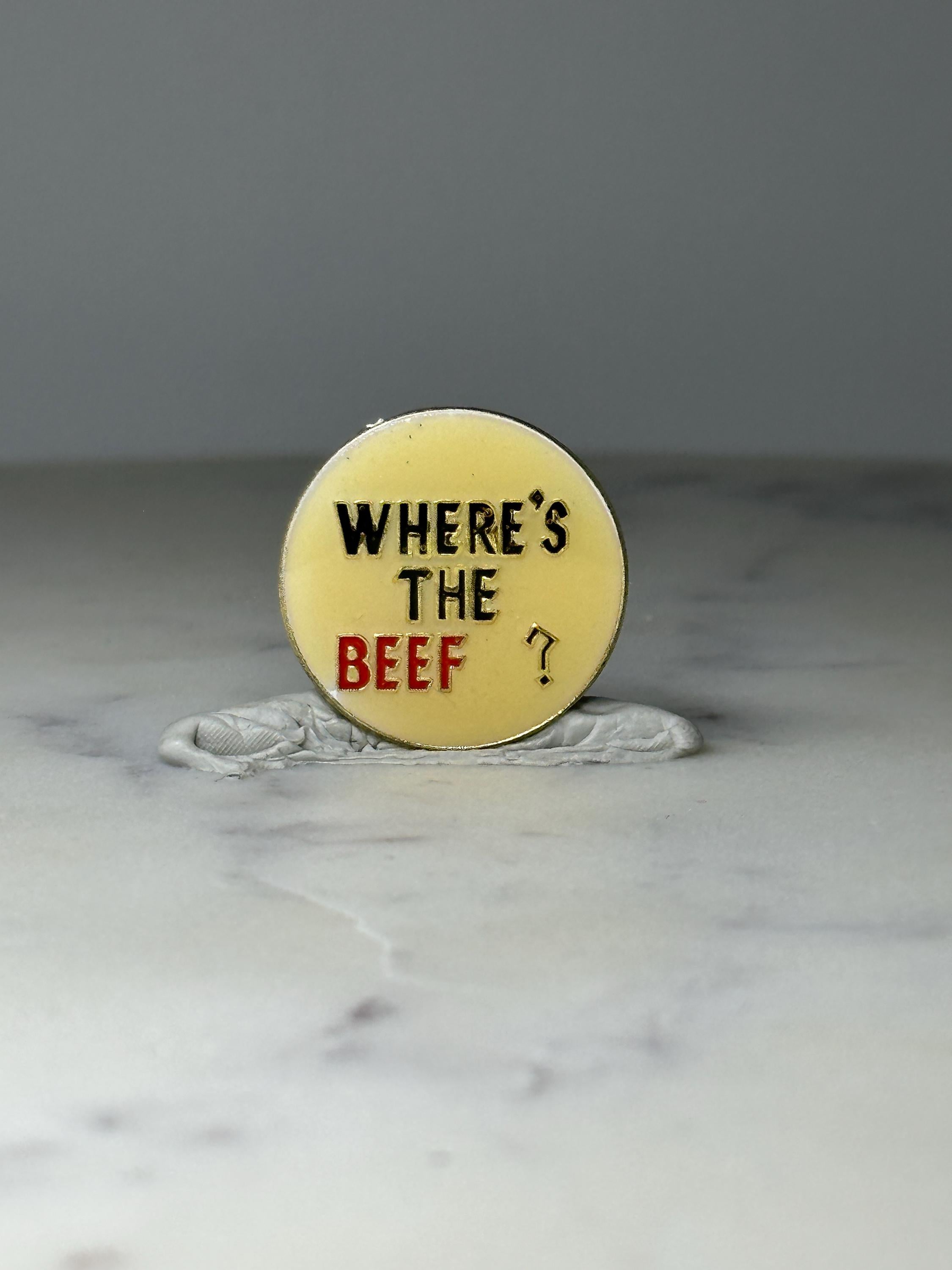 Vintage Where's the Beef Lapel Pin: Cream Enamel - 1980s Slogan Accessory