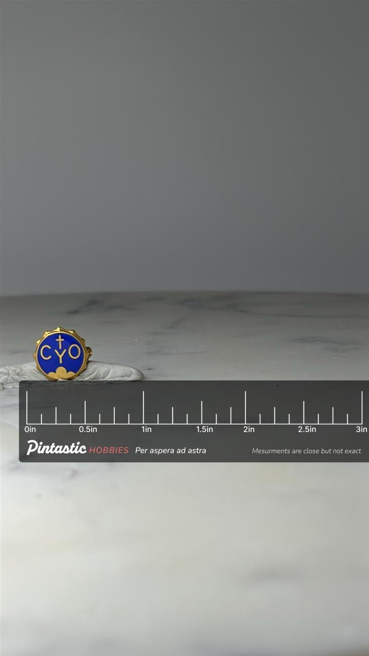 Vintage CYO Enamel Lapel Pin: Blue & Gold - Catholic Youth Accessory with ruler overlay for size reference
