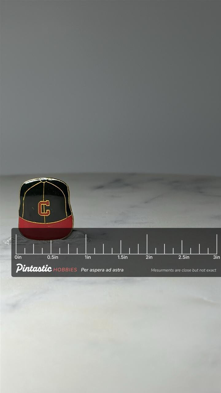 Vintage Cleveland Gaurdians Hat Pin - Red Black Colored - MLB Team with ruler overlay for size reference