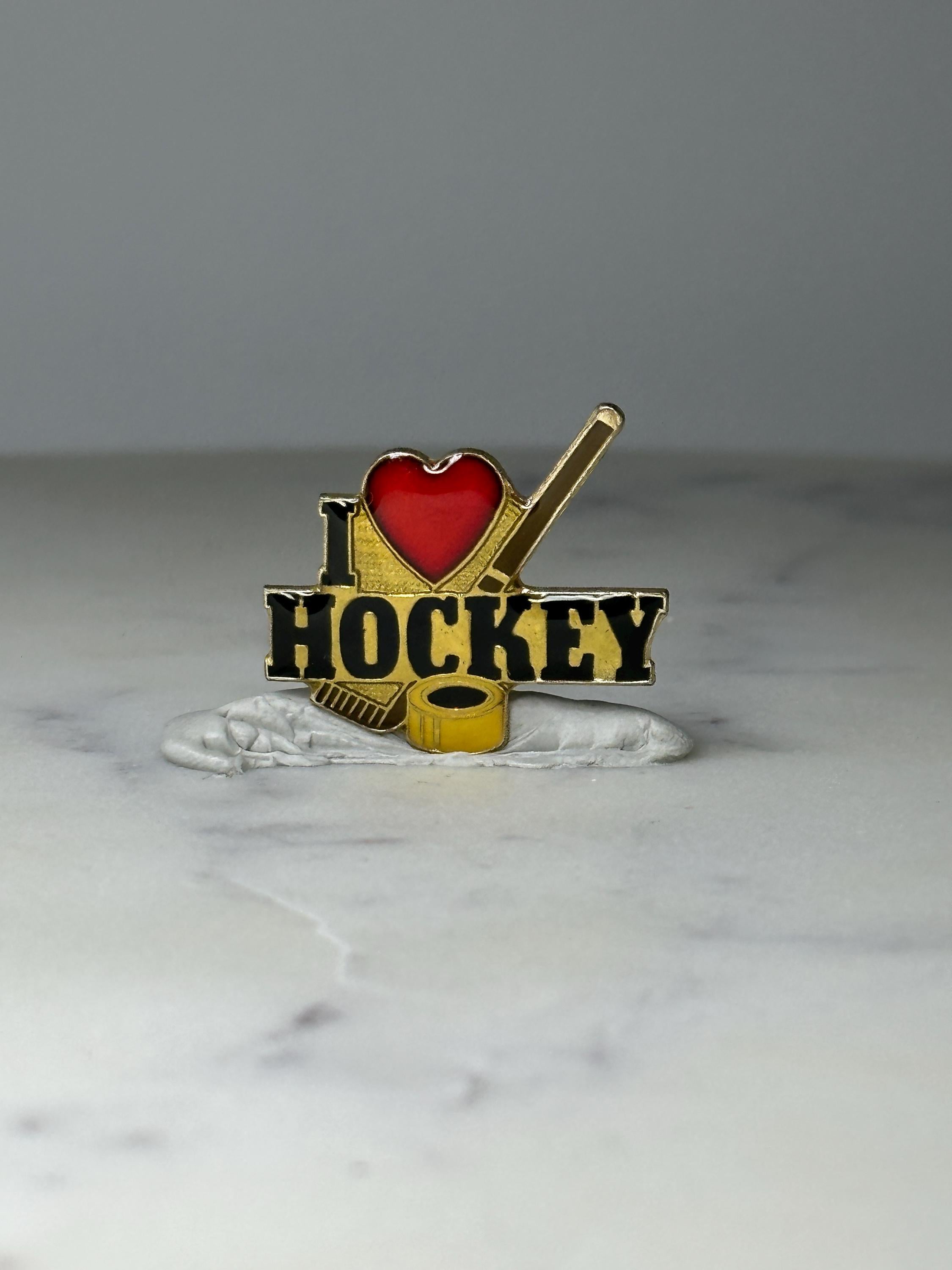 Vintage I Love Hockey Enamel Pin: Gold Tone - Sports Fan Accessory