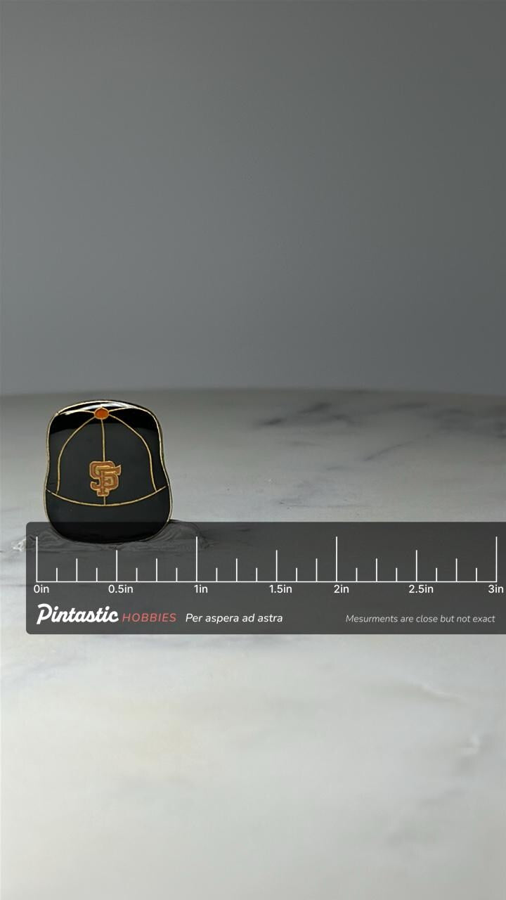 Vintage SF Giants Baseball Hat Pin: Black Enamel - MLB Accessory with ruler overlay for size reference