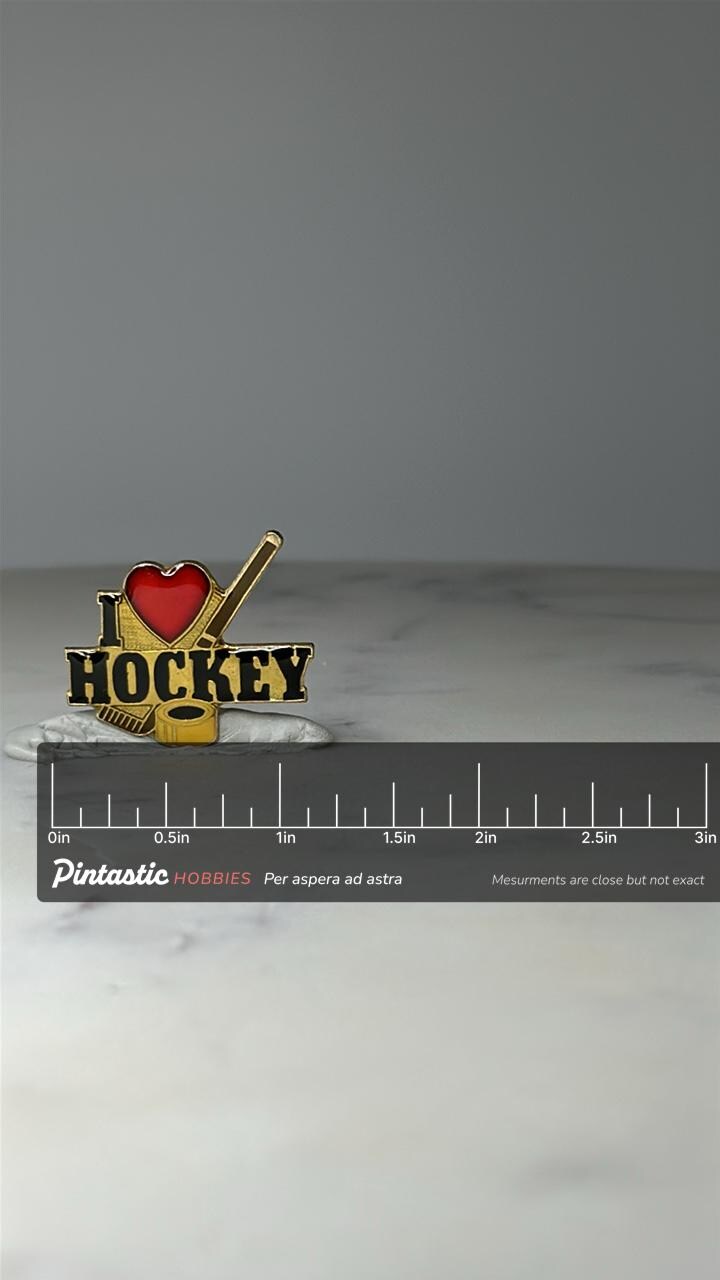 Vintage I Love Hockey Enamel Pin: Gold Tone - Sports Fan Accessory with ruler overlay for size reference