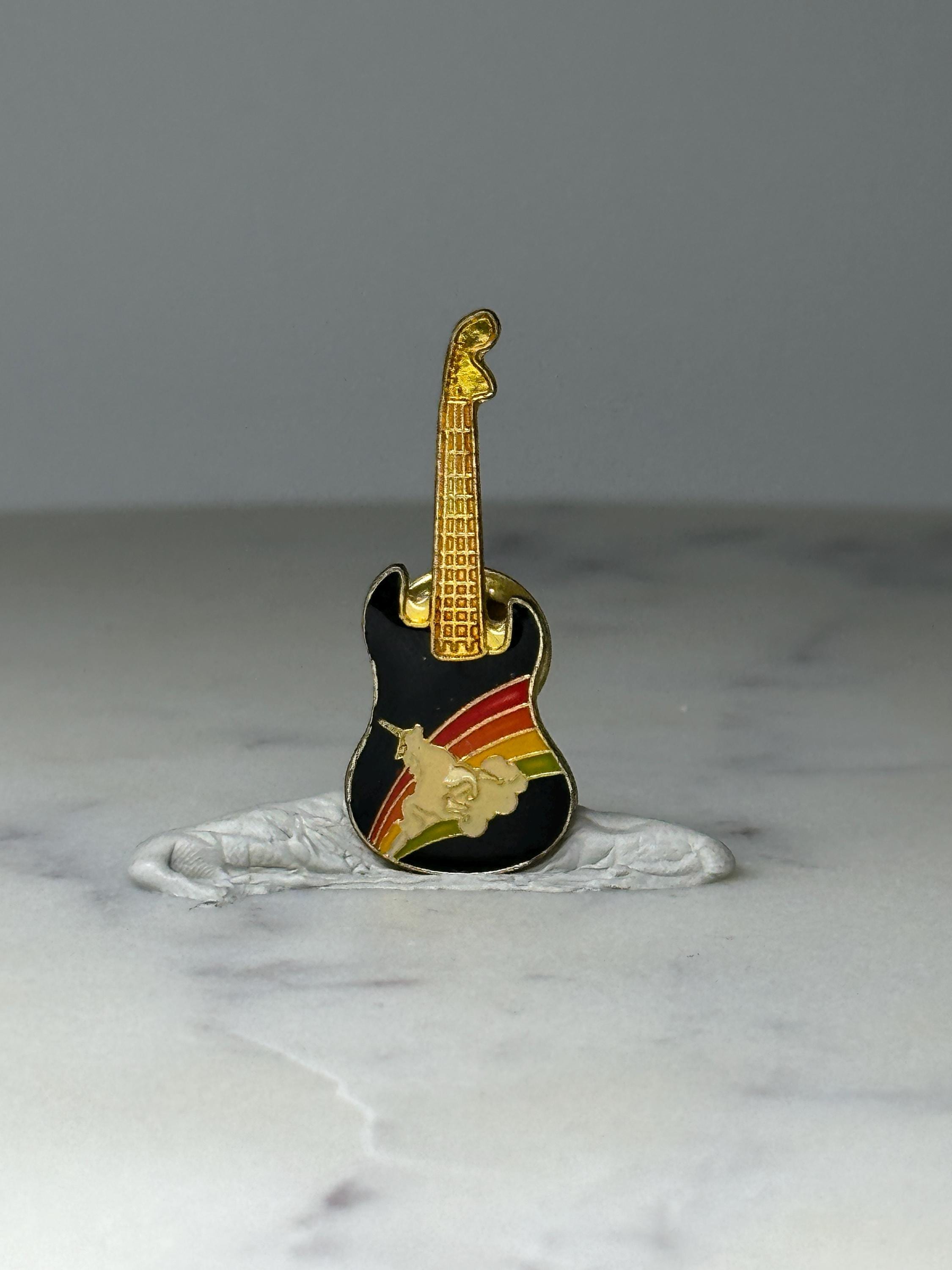 Vintage Electric Guitar Enamel Pin: Black & Rainbow - 1980s Music Accessory