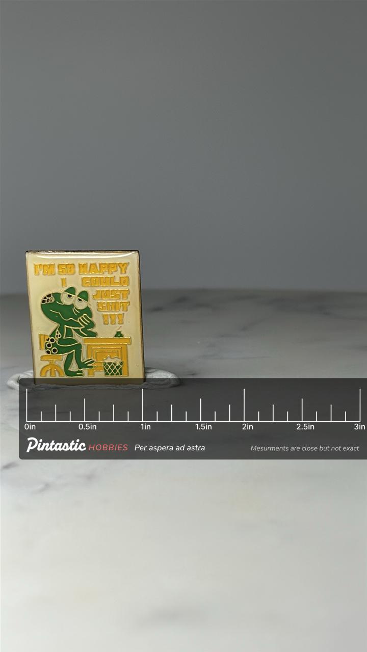 Vintage Funny Frog Enamel Pin: Gold Tone - Humorous Quote Accessory with ruler overlay for size reference