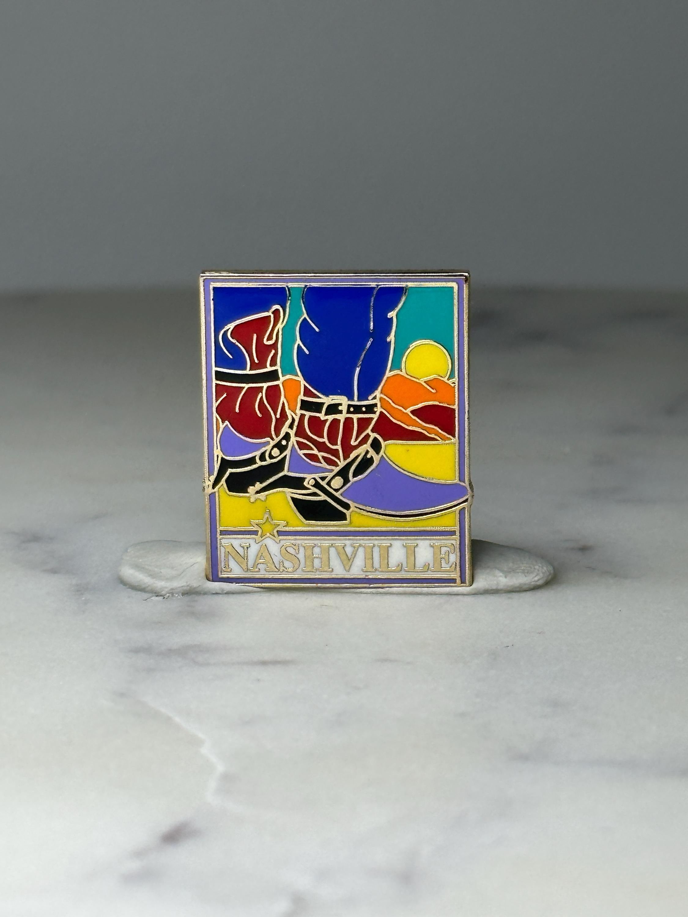 Vintage Nashville Cowboy Boots Enamel Lapel Pin: Colorful Sunset - Country Souvenir Accessory