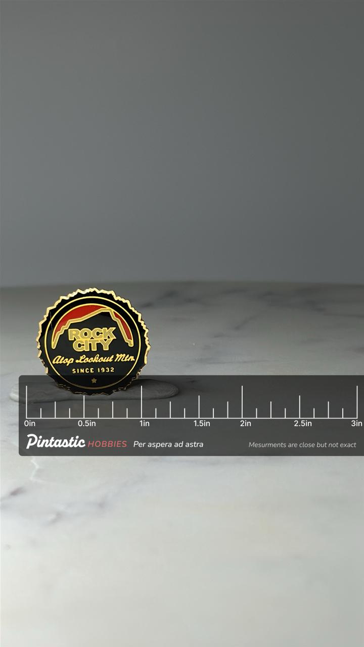 Vintage Rock City Souvenir Pin: Black & Gold Enamel - Lookout Mtn Accessory with ruler overlay for size reference