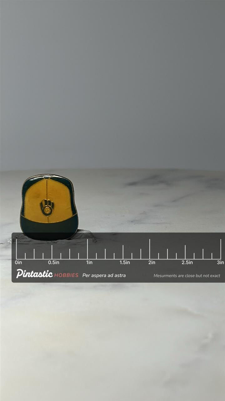 Vintage Milwaukee Brewers Hat Pin: Green Yellow Enamel - MLB Baseball Accessory with ruler overlay for size reference