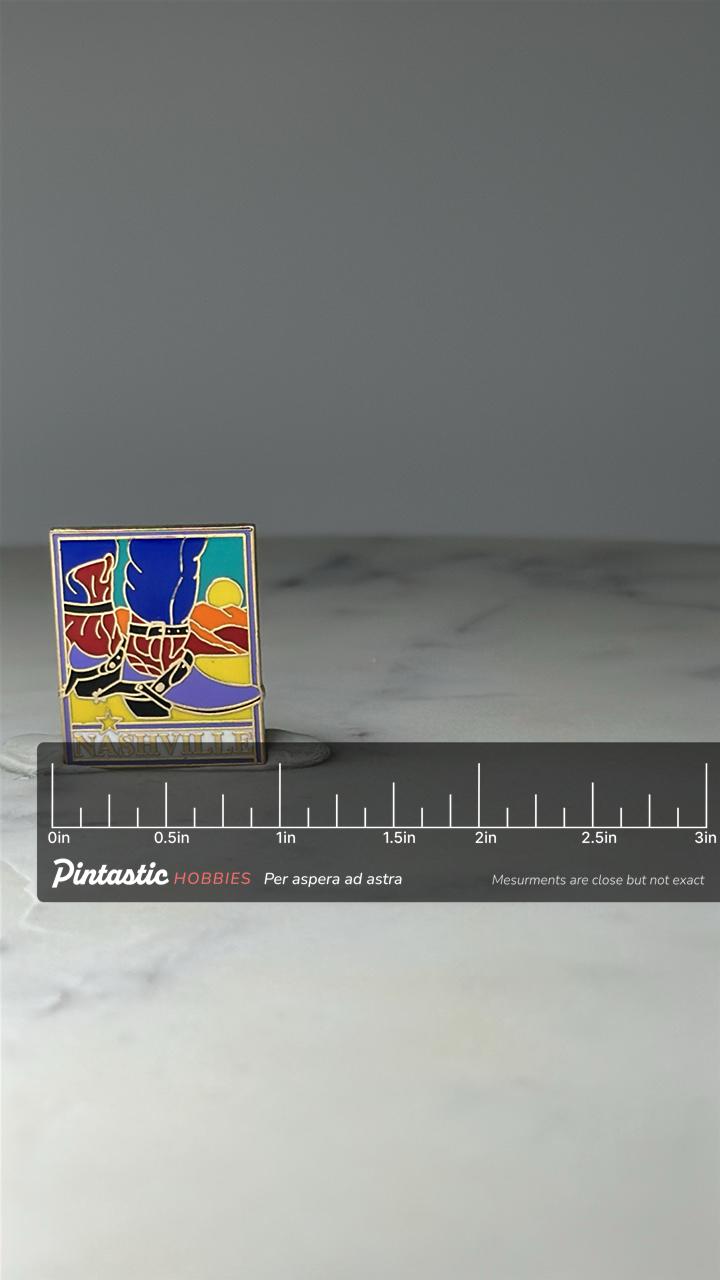 Vintage Nashville Cowboy Boots Enamel Lapel Pin: Colorful Sunset - Country Souvenir Accessory with ruler overlay for size ref
