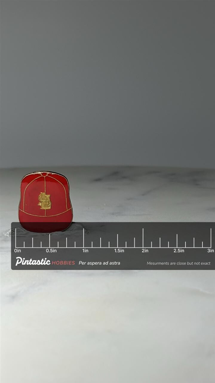 St Louis Cardinals Vintage Hat Pin: Red Baseball Cap - Vintage MLB with ruler overlay for size reference