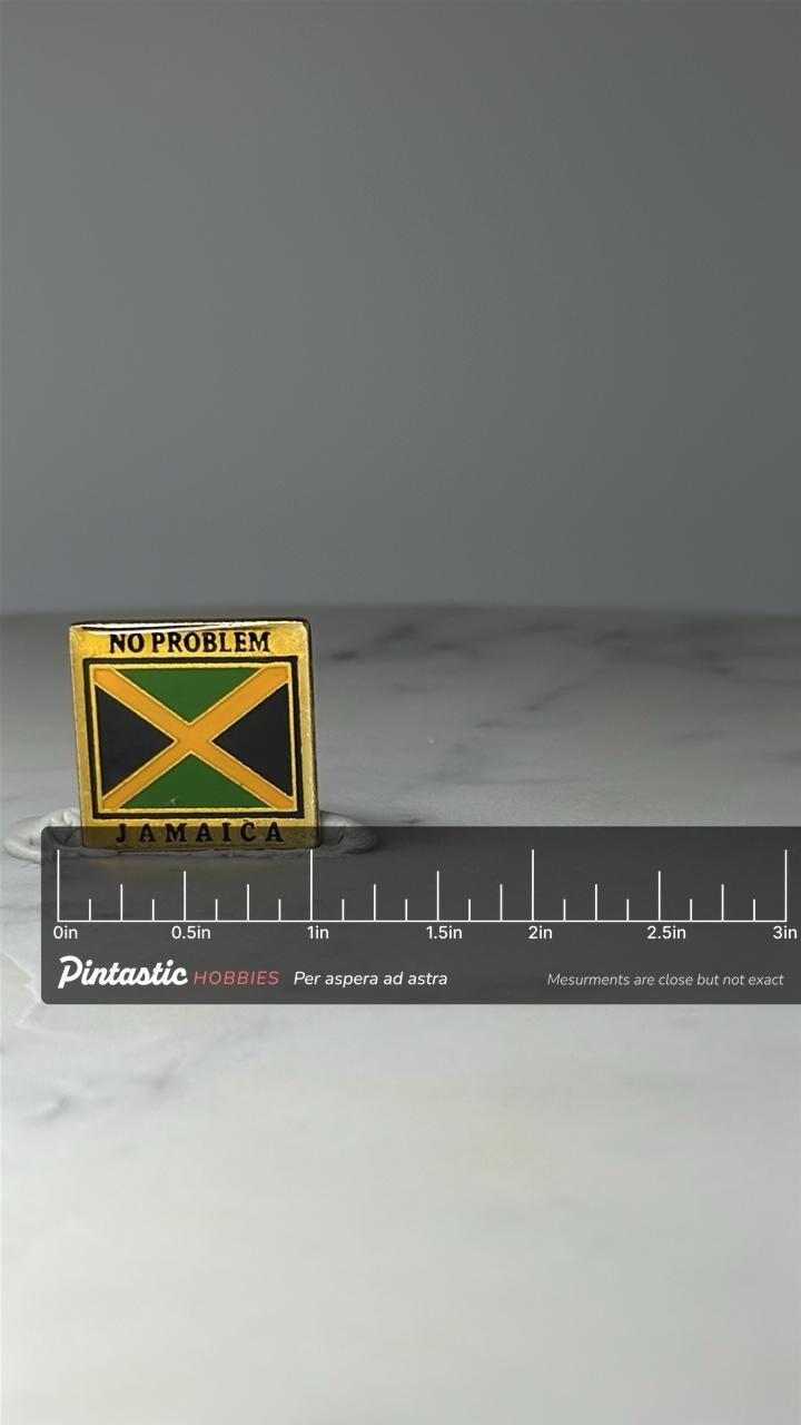 Vintage Jamaica Flag Enamel Pin: Gold Tone - No Problem Souvenir Accessory with ruler overlay for size reference