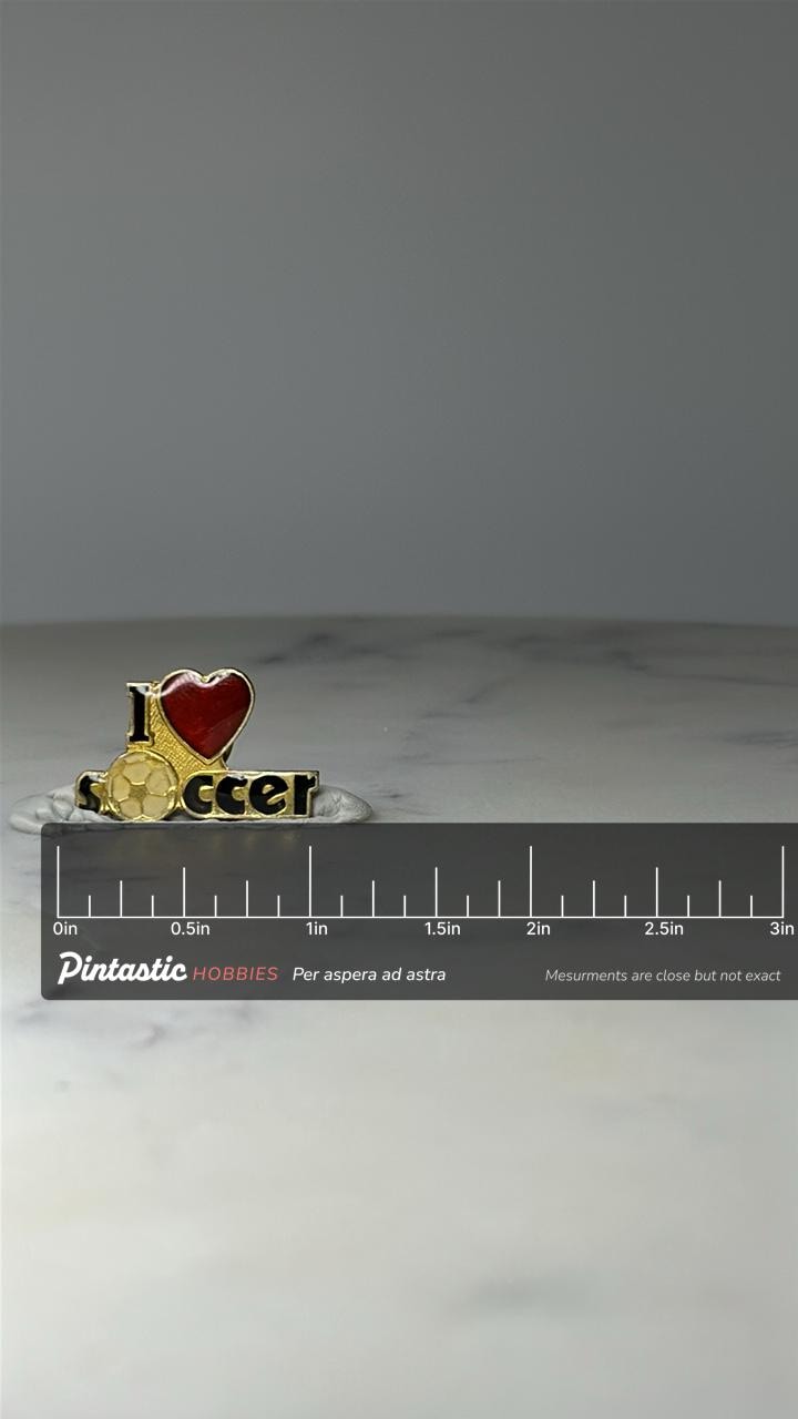 Vintage I Love Soccer Enamel Pin: Gold Tone - Sports Fan Accessory with ruler overlay for size reference