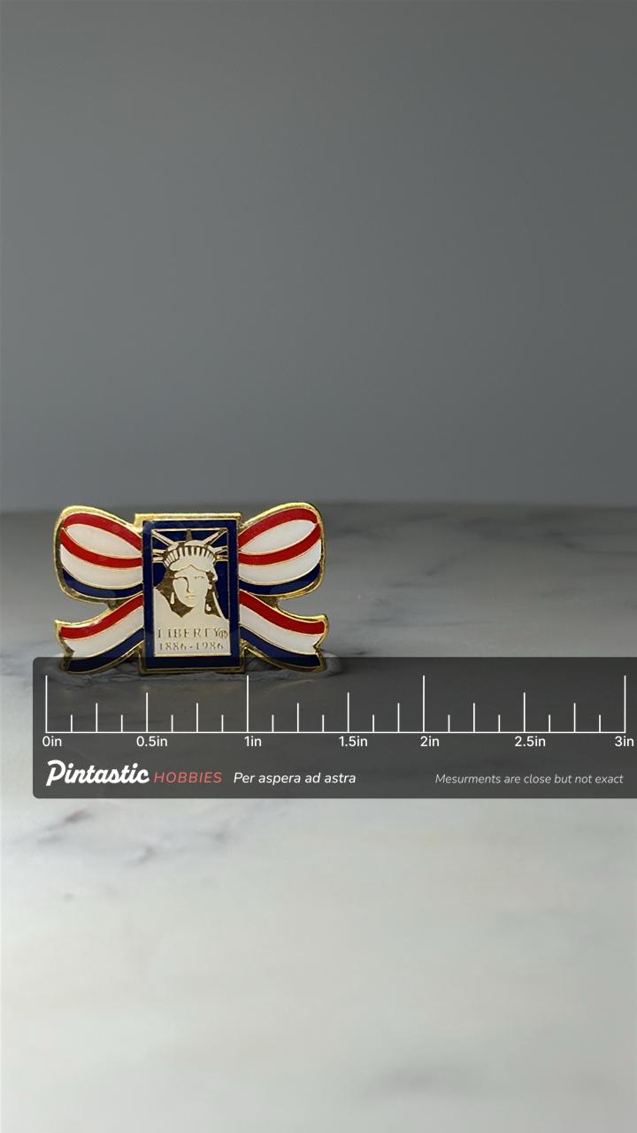 Vintage Statue of Liberty Enamel Pin: Red White Blue - 1986 Centennial Accessory with ruler overlay for size reference
