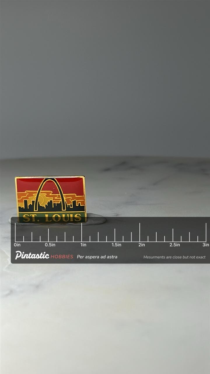 Vintage St. Louis Skyline Enamel Pin: Red & Gold - City Souvenir Accessory with ruler overlay for size reference