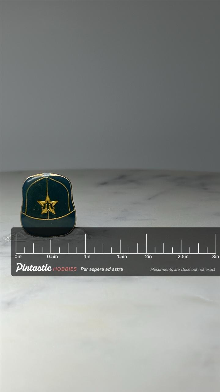 Seattle Mariners Vintage Hat Pin: Trident Star Logo Baseball Cap - MLB Enamel Pin with ruler overlay for size reference