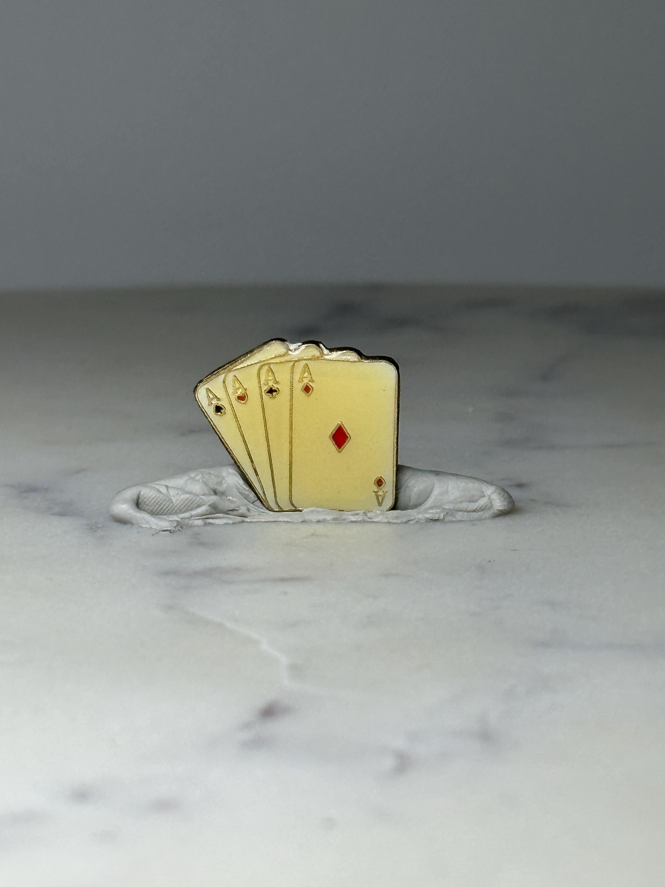 Vintage Playing Cards Enamel Lapel Pin: Gold Tone - Casino Theme Accessory