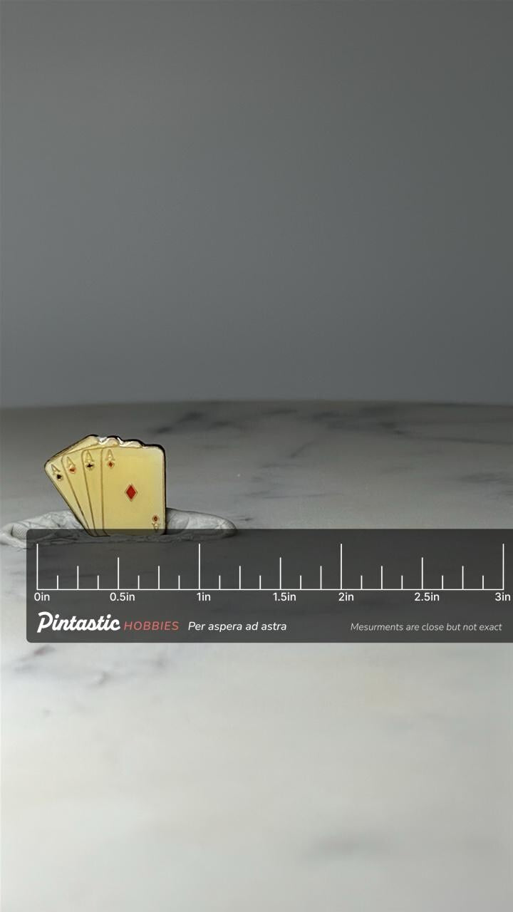 Vintage Playing Cards Enamel Lapel Pin: Gold Tone - Casino Theme Accessory with ruler overlay for size reference