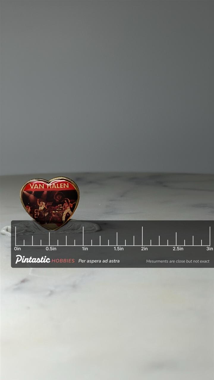 Vintage Van Halen Heart Lapel Pin: Gold Tone - 1980s Rock Accessory with ruler overlay for size reference