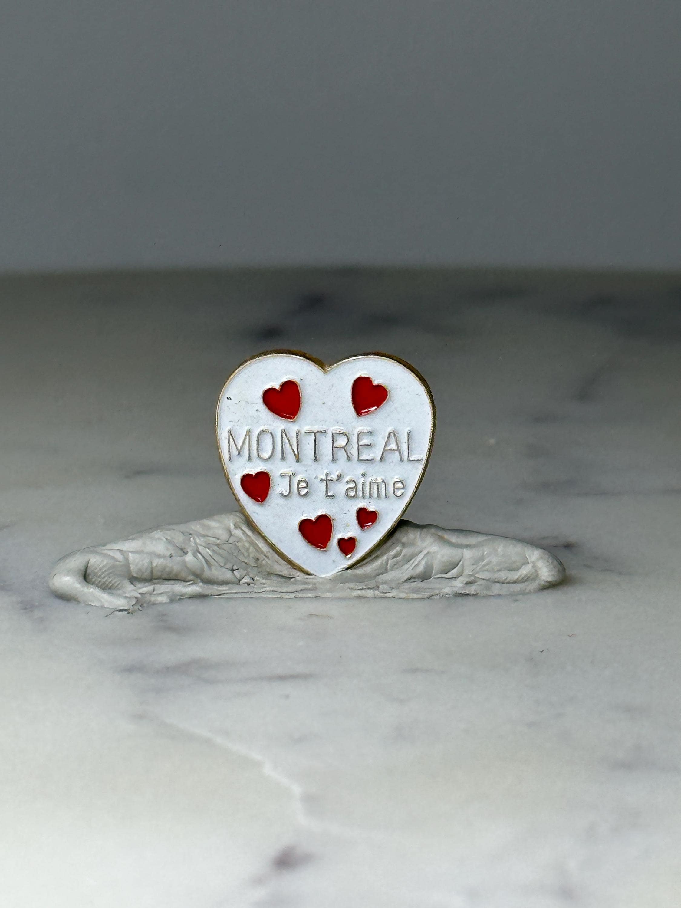 Vintage Montreal Souvenir Lapel Pin: White Enamel Heart - Canada Travel Accessory