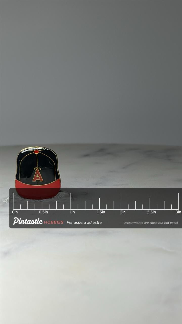 Vintage Anaheim Angels Baseball Cap Pin: Red Enamel - MLB Sports Accessory with ruler overlay for size reference