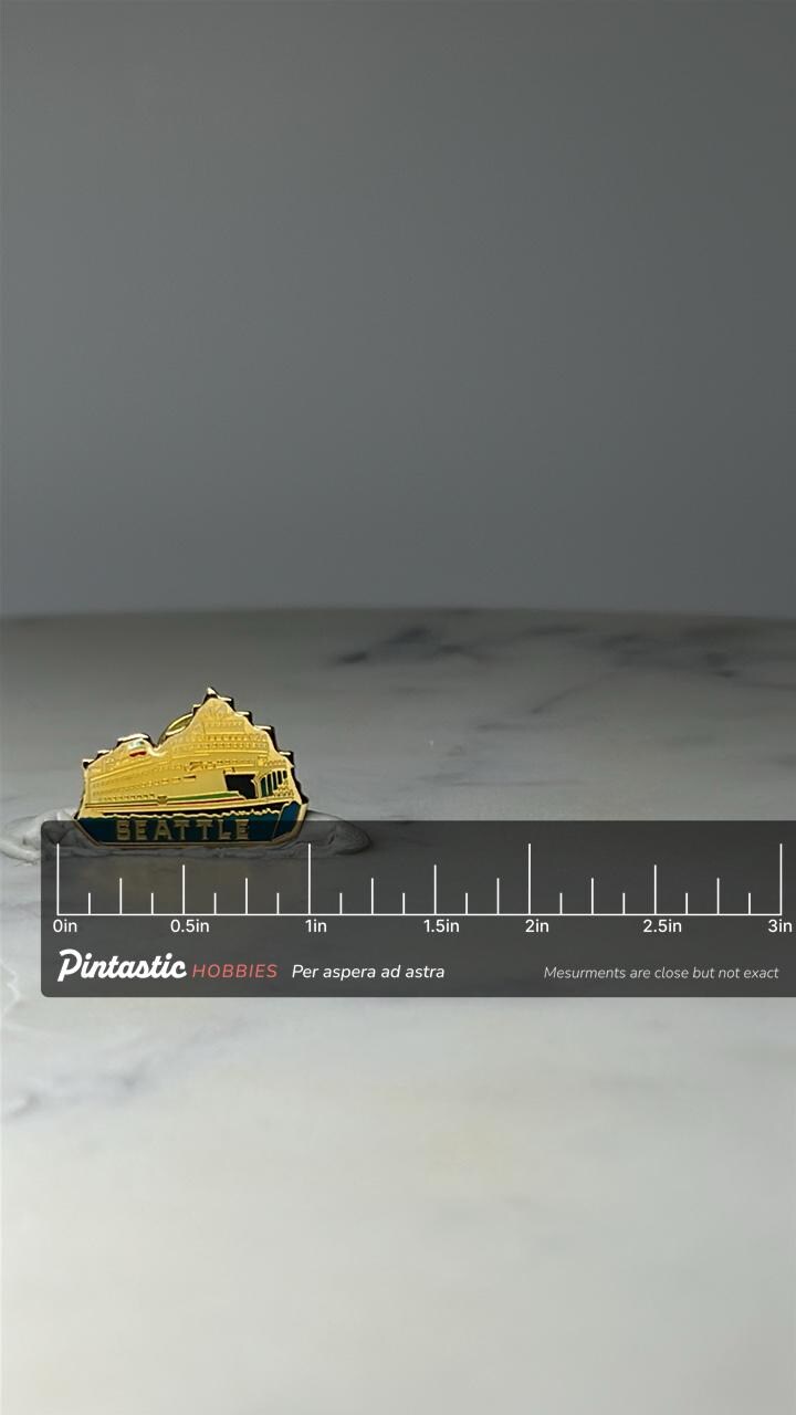Vintage Seattle Cruise Ship Pin: Gold Tone Enamel - Travel Souvenir Accessory with ruler overlay for size reference