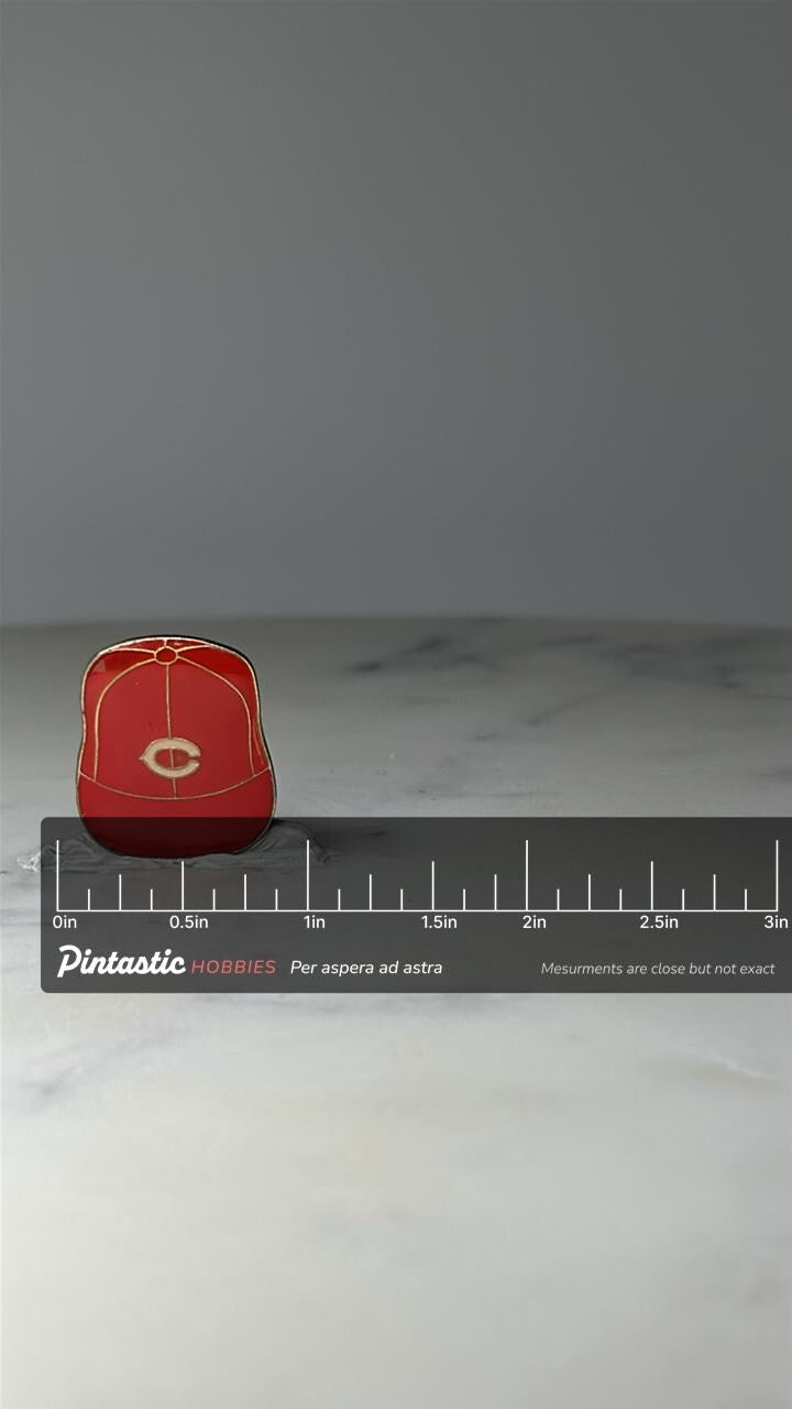 Vintage Cincinnati Reds Baseball Hat Pin: Red Enamel - MLB Sports Accessory with ruler overlay for size reference