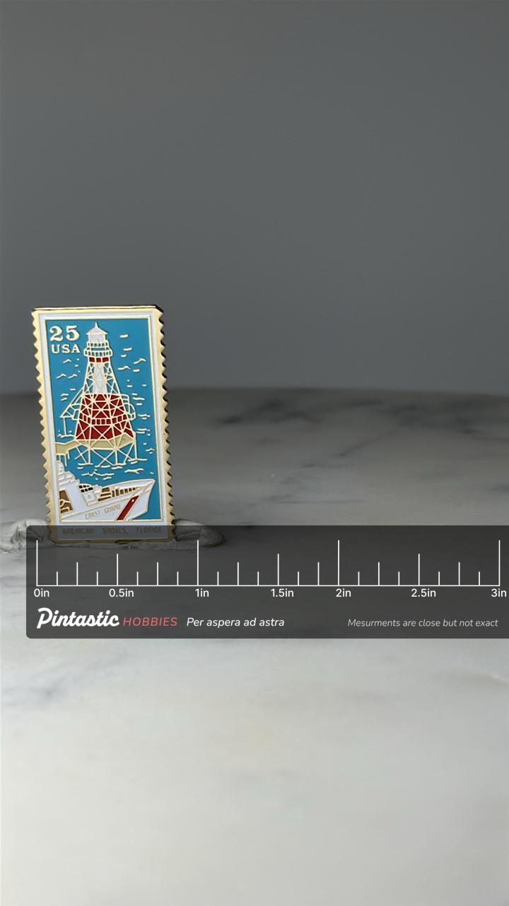 Vintage American Shoal Lighthouse Stamp Pin: Enamel - Florida Accessory with ruler overlay for size reference
