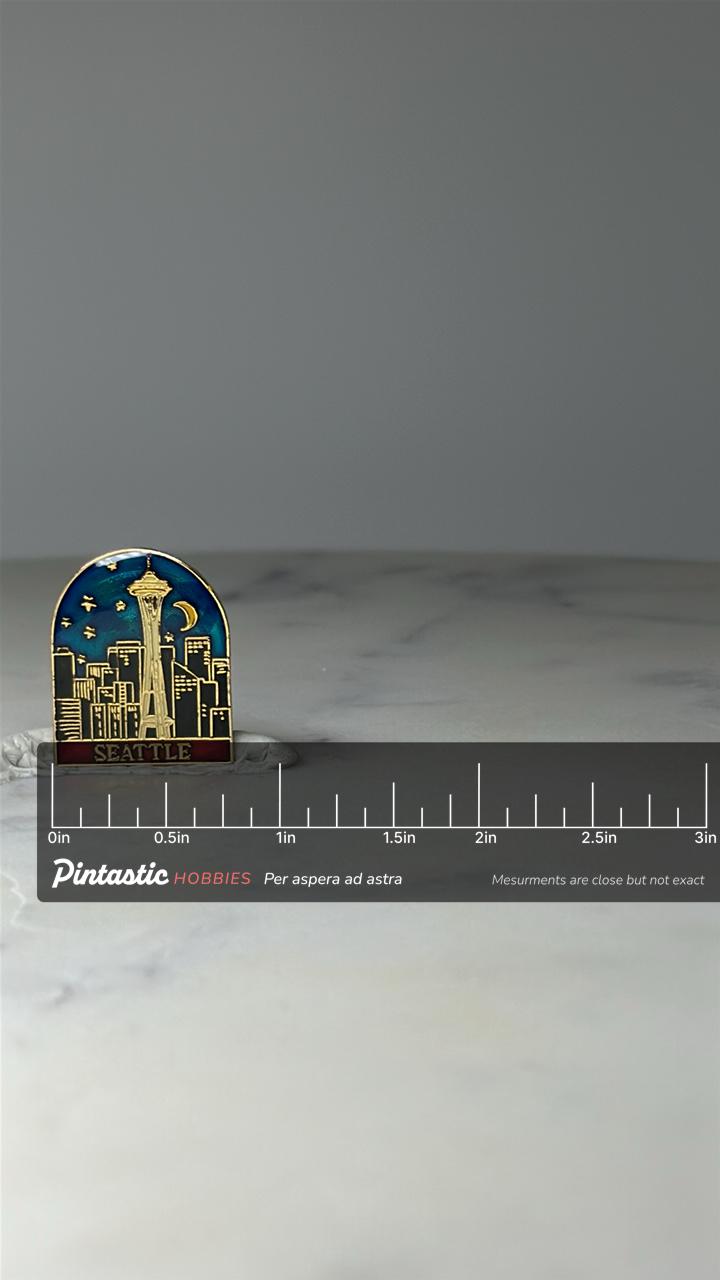 Vintage Seattle Skyline Enamel Lapel Pin: Gold Tone - City Souvenir Accessory with ruler overlay for size reference