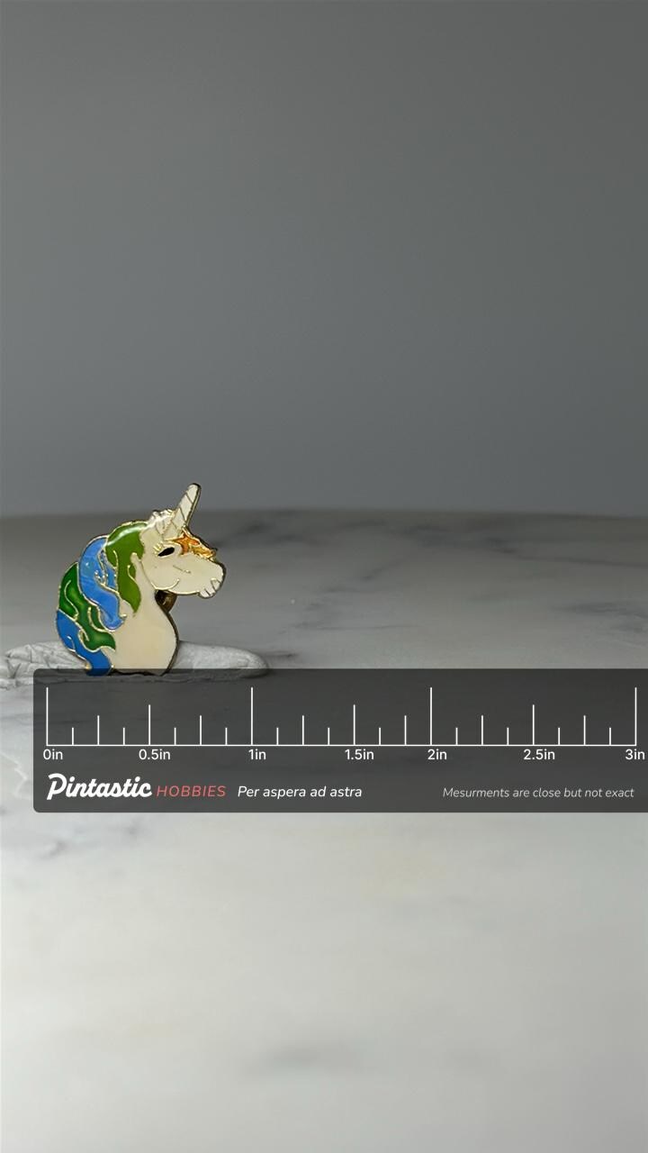 Vintage Unicorn Enamel Lapel Pin: Gold Tone - Fantasy Accessory with ruler overlay for size reference