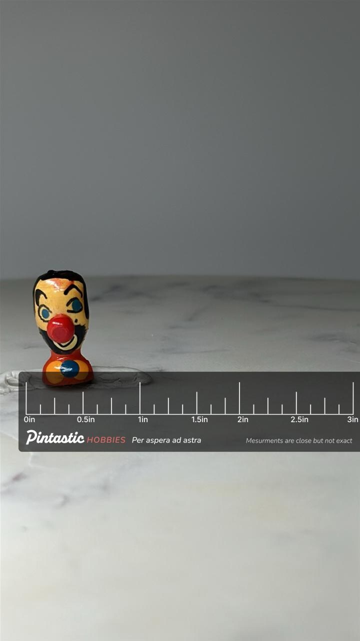 Vintage Clown Head Figural Pin: Hand Painted Wood - Circus Era Accessory with ruler overlay for size reference