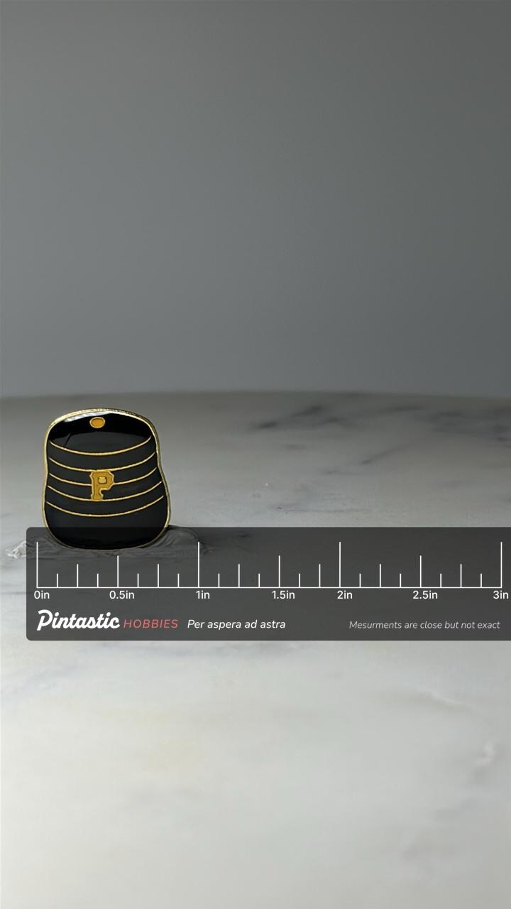 Vintage Pittsburgh Pirates Hat Pin: Black & Gold Enamel - MLB Accessory with ruler overlay for size reference