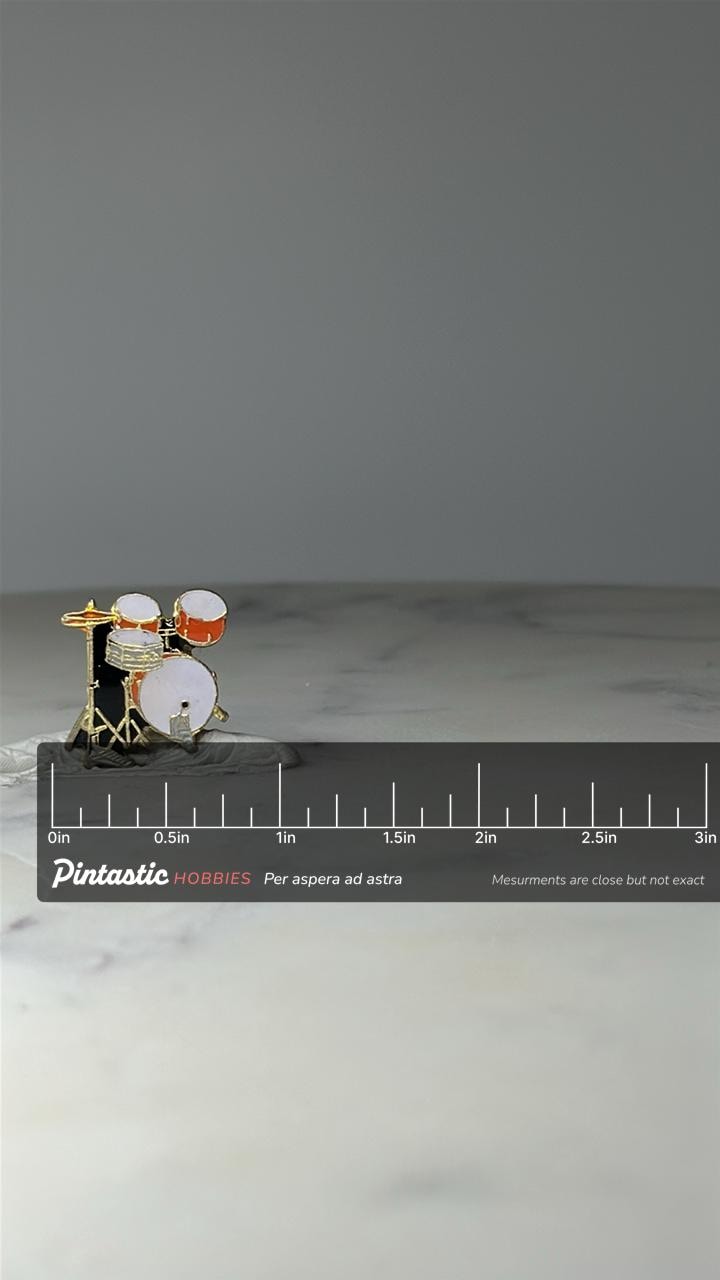 Vintage Drum Set Enamel Pin: Gold Tone - Music Lover Accessory with ruler overlay for size reference