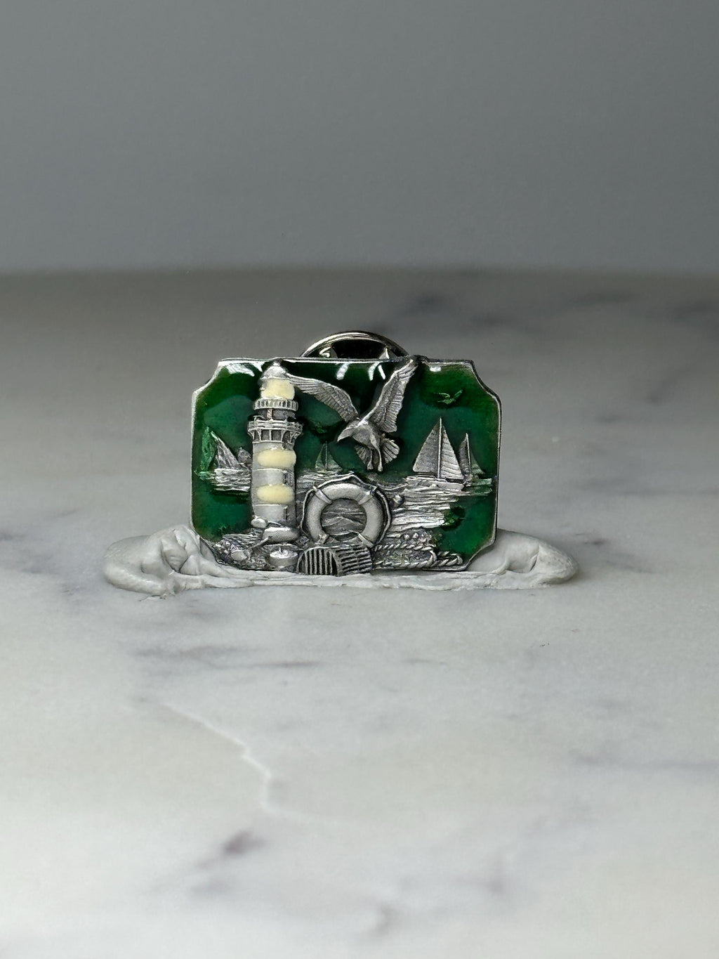 Vintage Lighthouse Scenic Souvenir Pin: Silver Tone & Green - Coastal Accessory