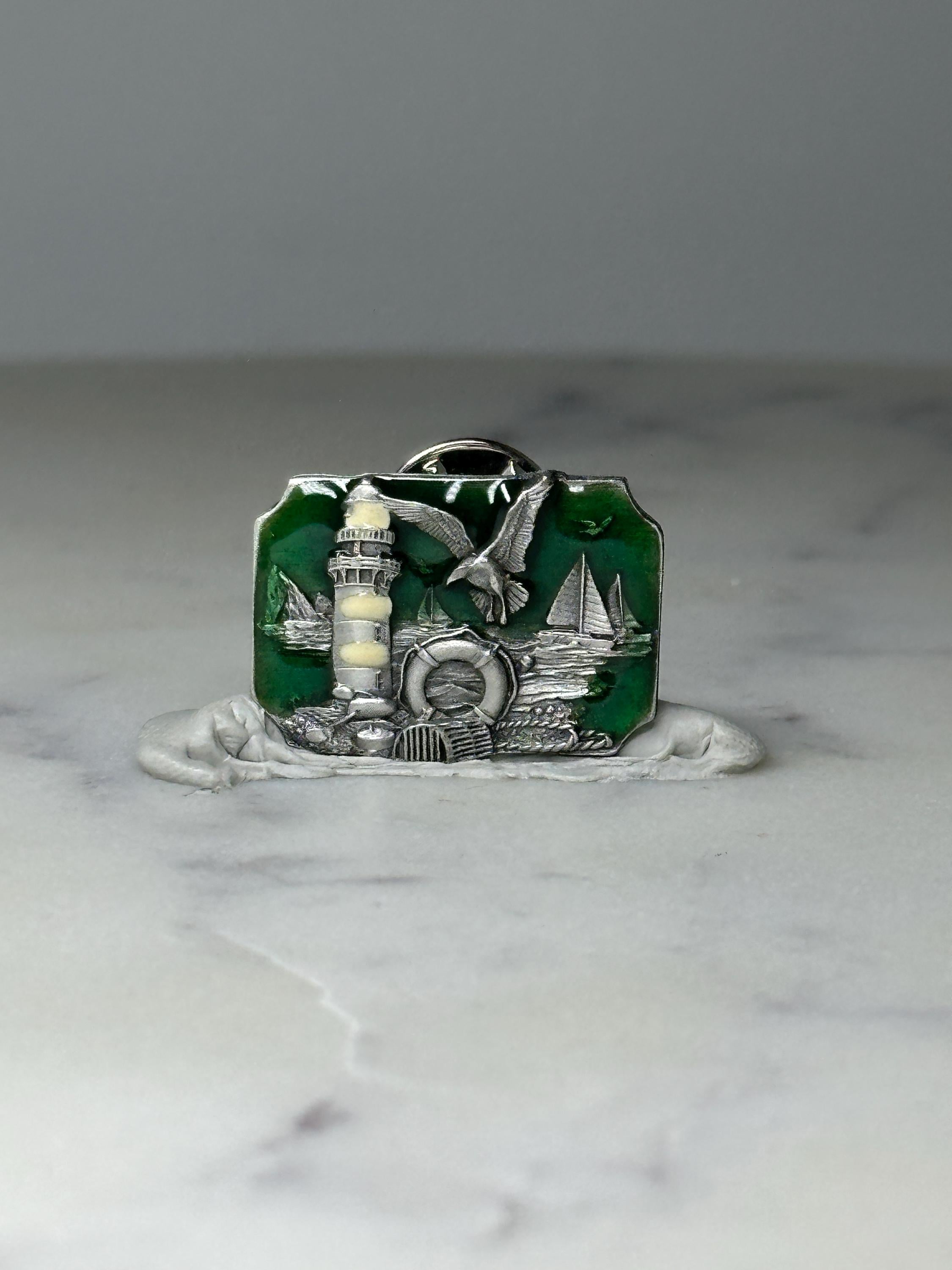 Vintage Lighthouse Scenic Souvenir Pin: Silver Tone & Green - Coastal Accessory