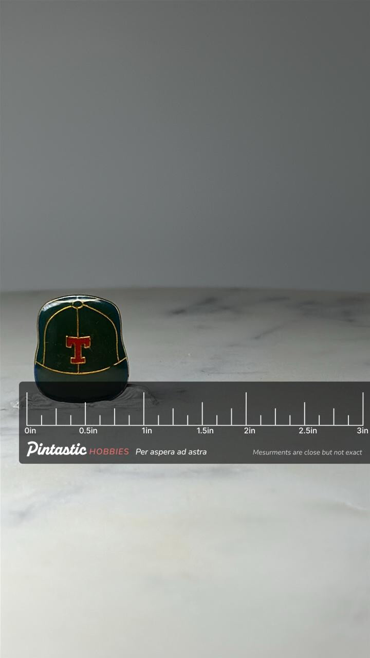 Vintage Texas Rangers Baseball Cap Pin: Green Enamel - 1990s Sports Accessory with ruler overlay for size reference