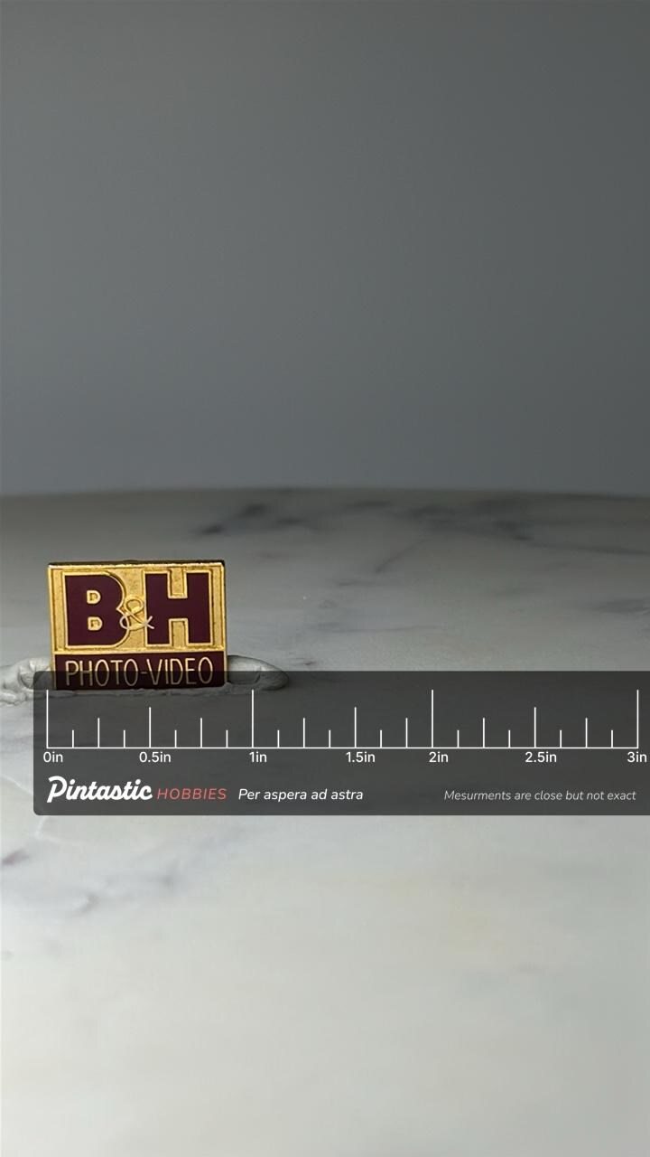 Vintage B and H Photo Video Enamel Pin: Red & Gold - Camera Store Accessory with ruler overlay for size reference