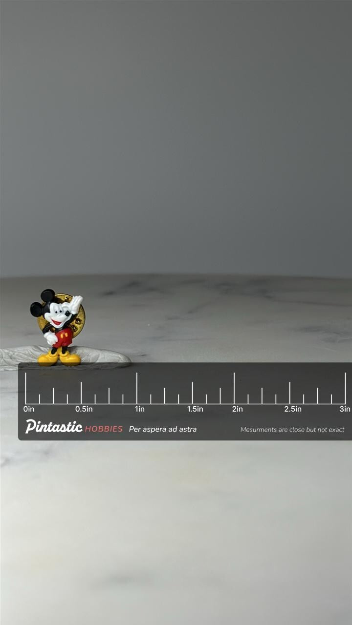 Vintage Mickey Mouse Figural Lapel Pin: Colorful Enamel - Disney Accessory with ruler overlay for size reference