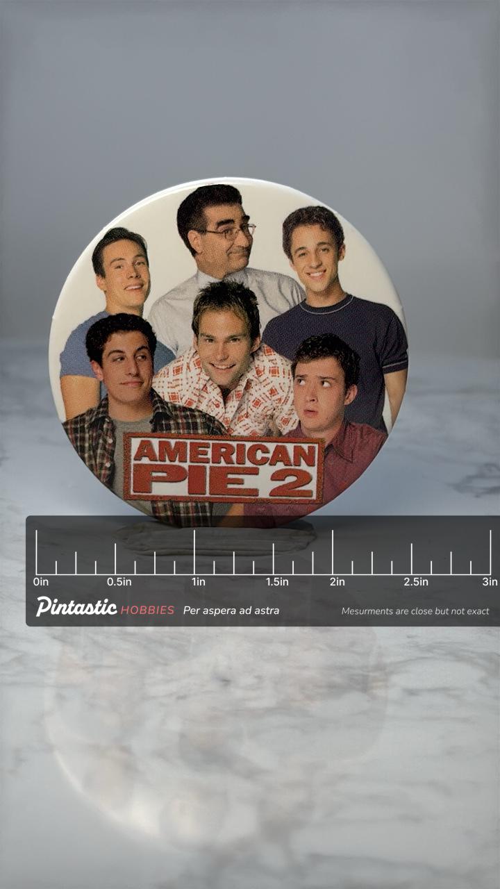 Vintage American Pie 2 Movie Pin: Glossy Photo - 2000s Film Accessory with ruler overlay for size reference