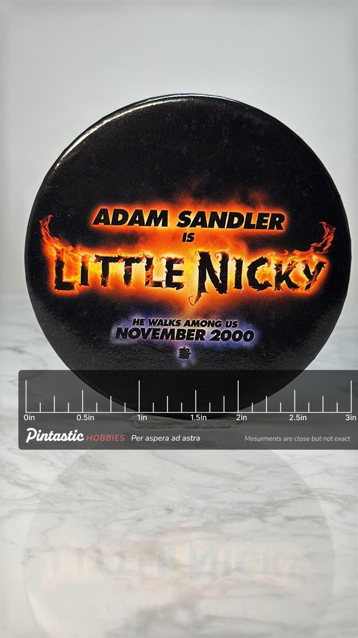 Vintage Little Nicky Movie Pin: Black Flame Design - 2000 Film Promo Accessory with ruler overlay for size reference