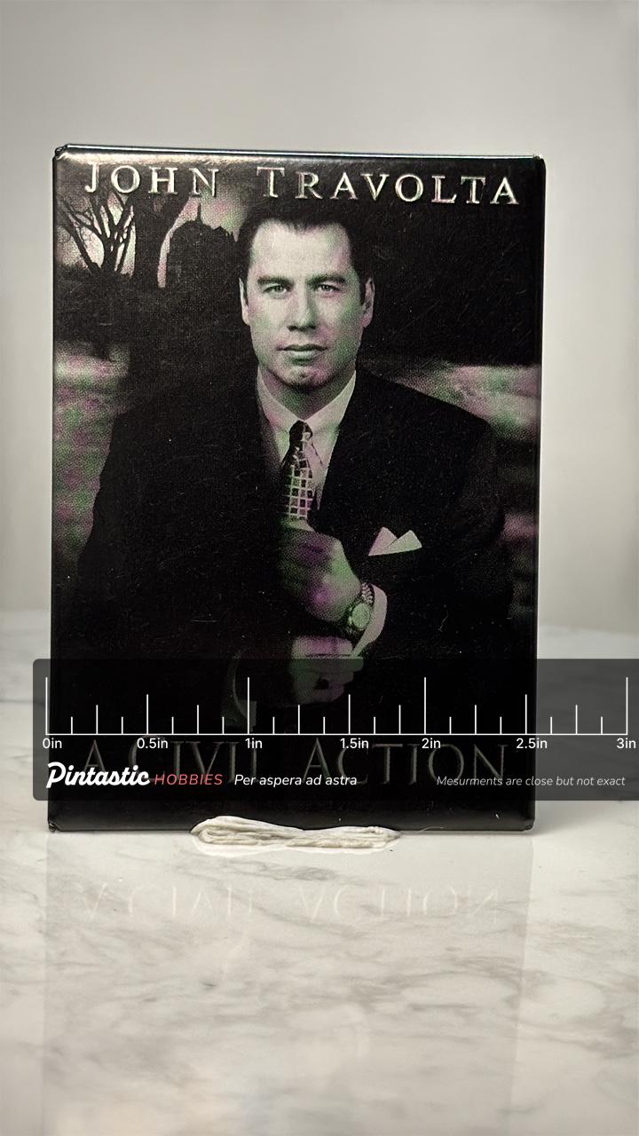Vintage A Civil Action Movie Promo Pin: Glossy Photo - 1990s Film Accessory with ruler overlay for size reference